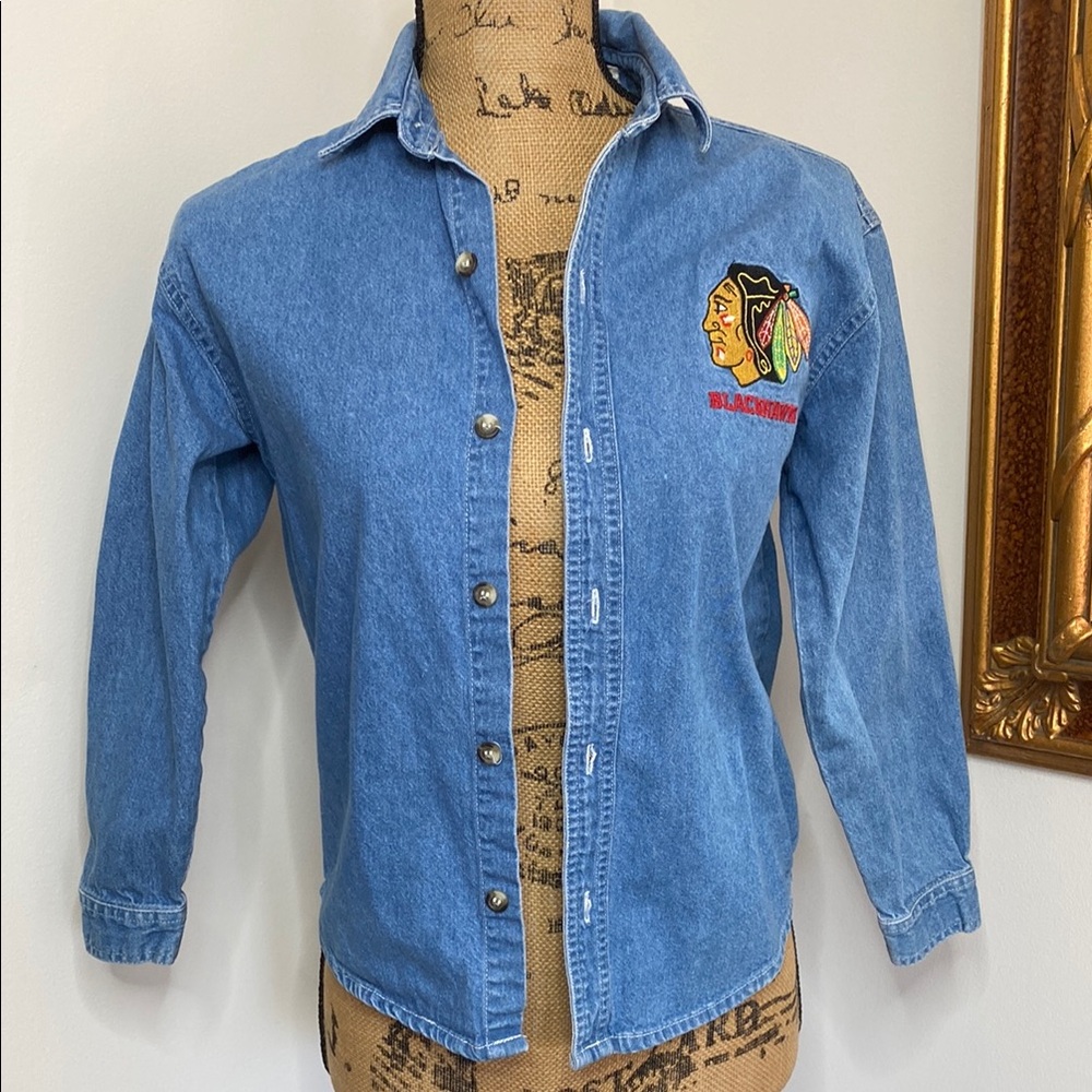 Winning Goal Blue Denim Chicago Blackhawks Shirt Logo Button Up Girl`s 10-12